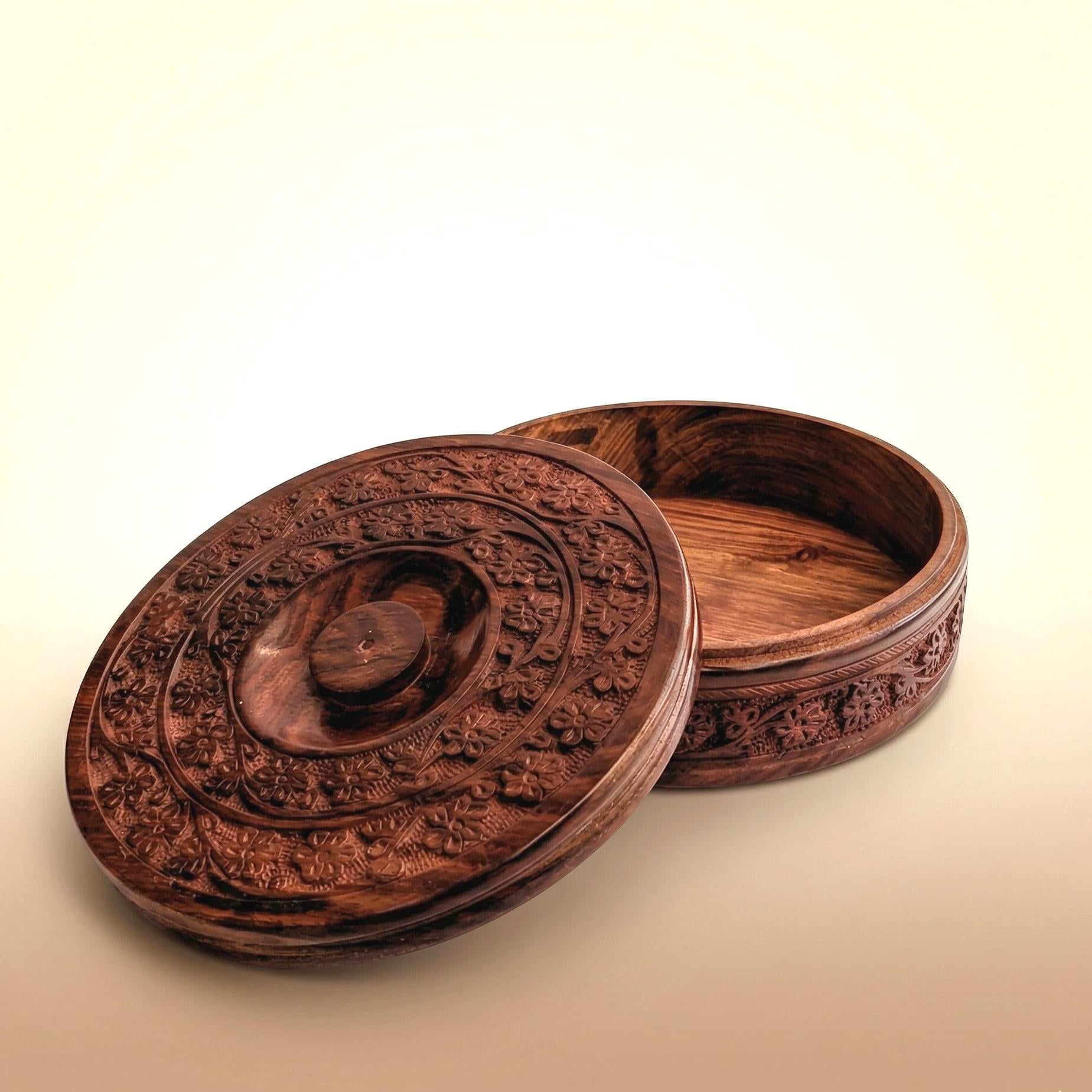 Carved Floral Wooden Roti Box - view 1