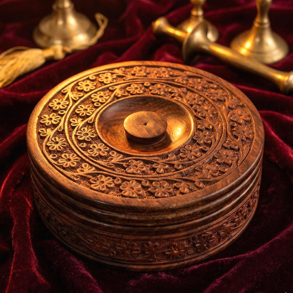 Carved Floral Wooden Roti Box - view 2