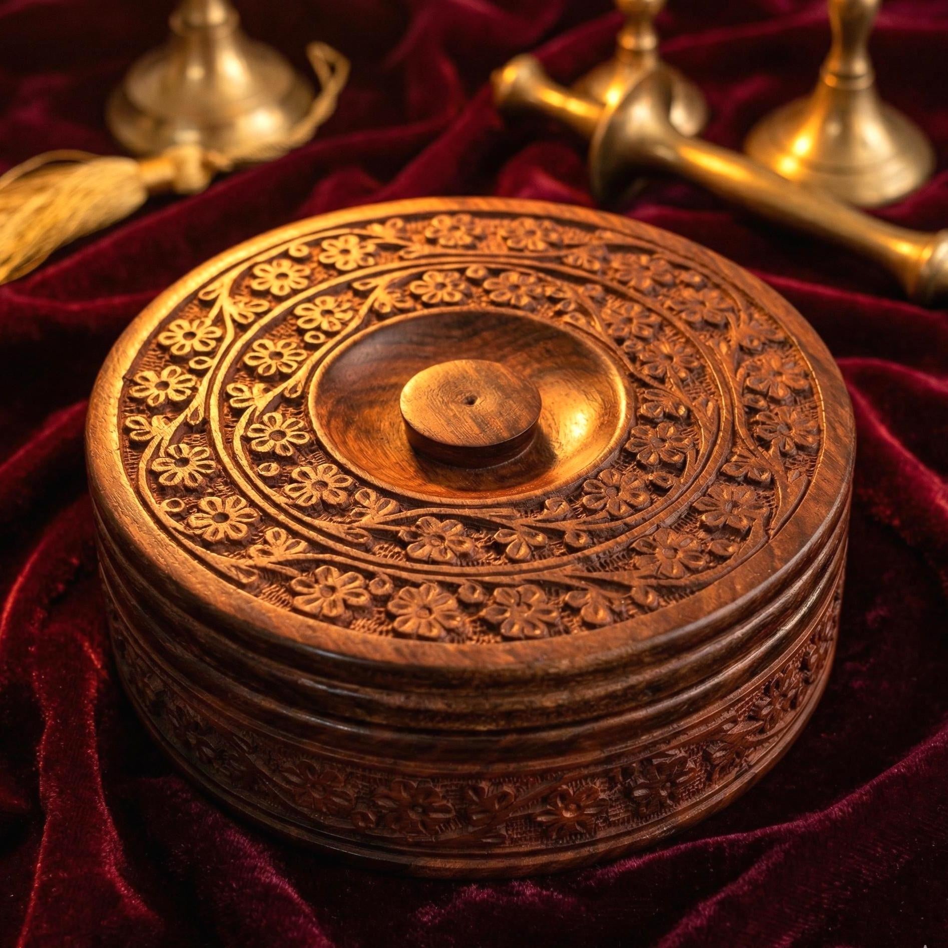Carved Floral Wooden Roti Box - view 2