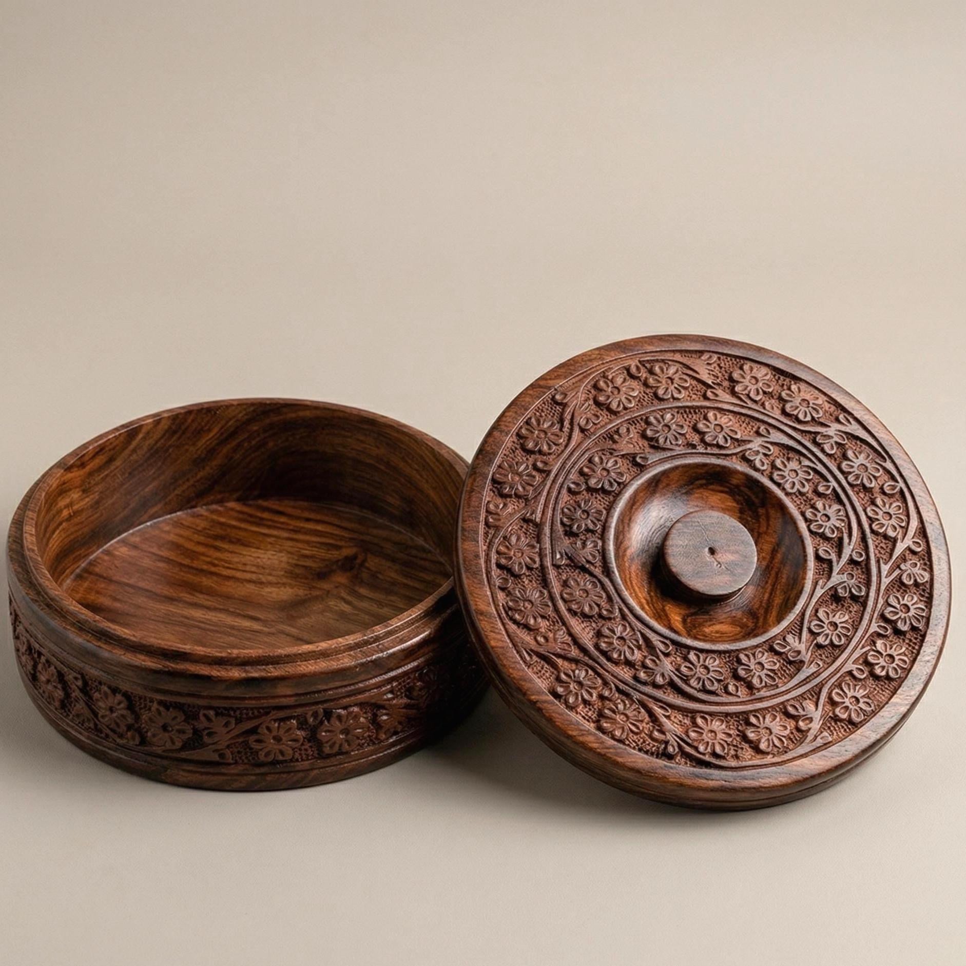 Carved Floral Wooden Roti Box - view 5