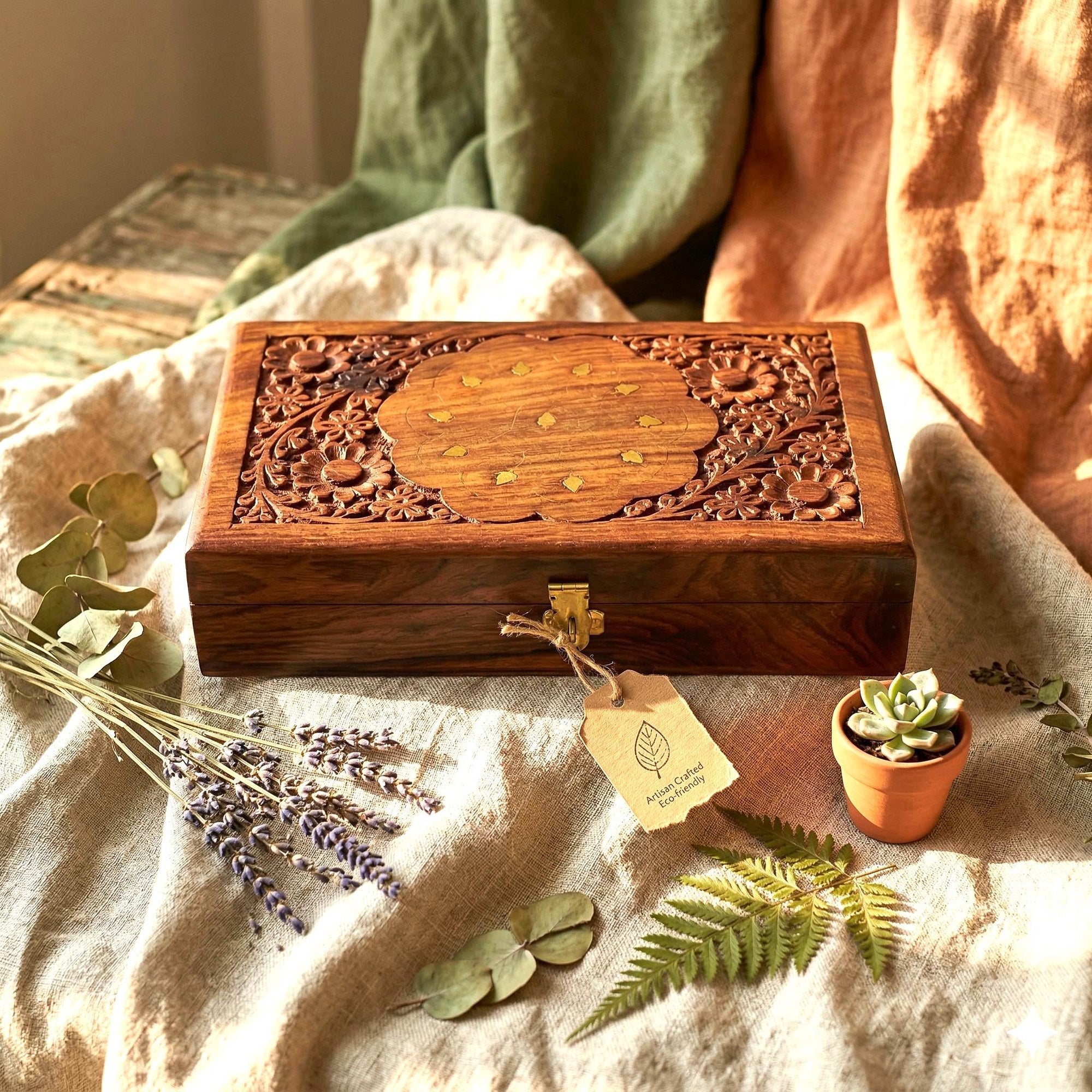 Floral Brass Inlay Jewelry Box - view 1