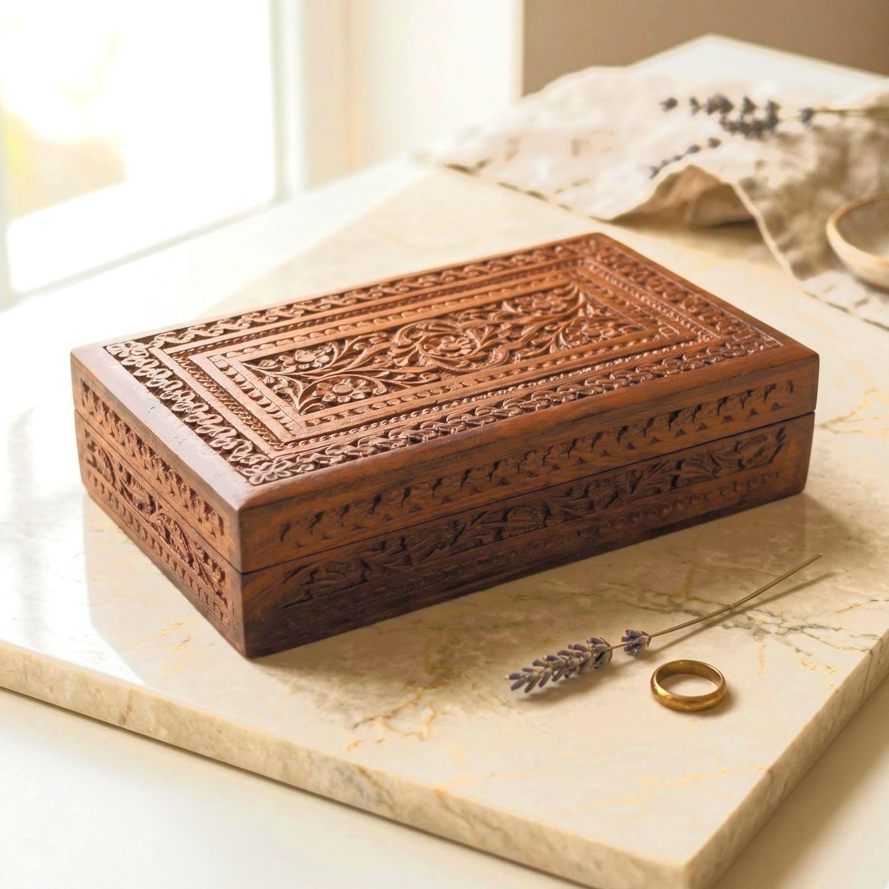 Floral Carved Rosewood Jewelry Box - view 1