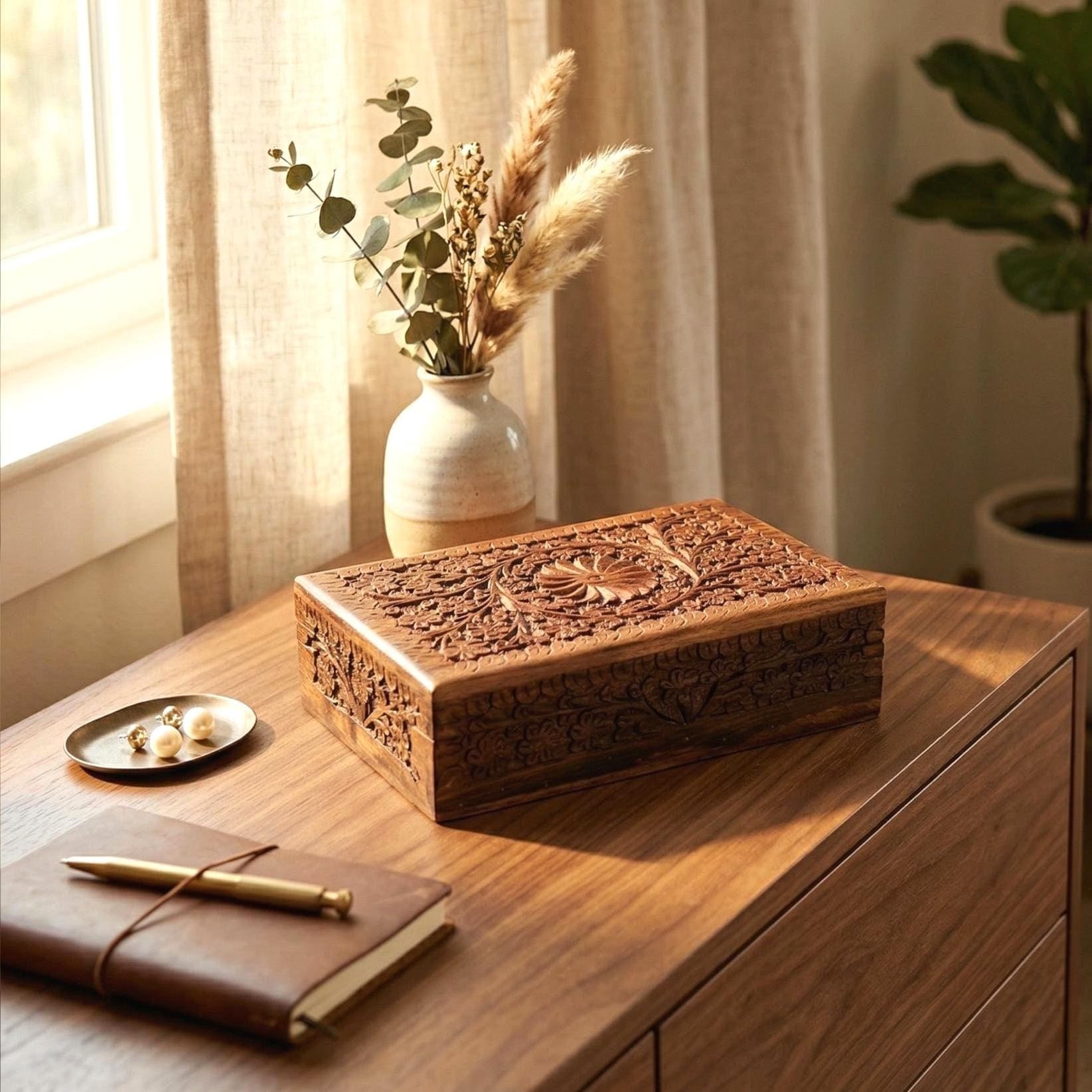 Floral Carved Wooden Jewelry Box - view 3