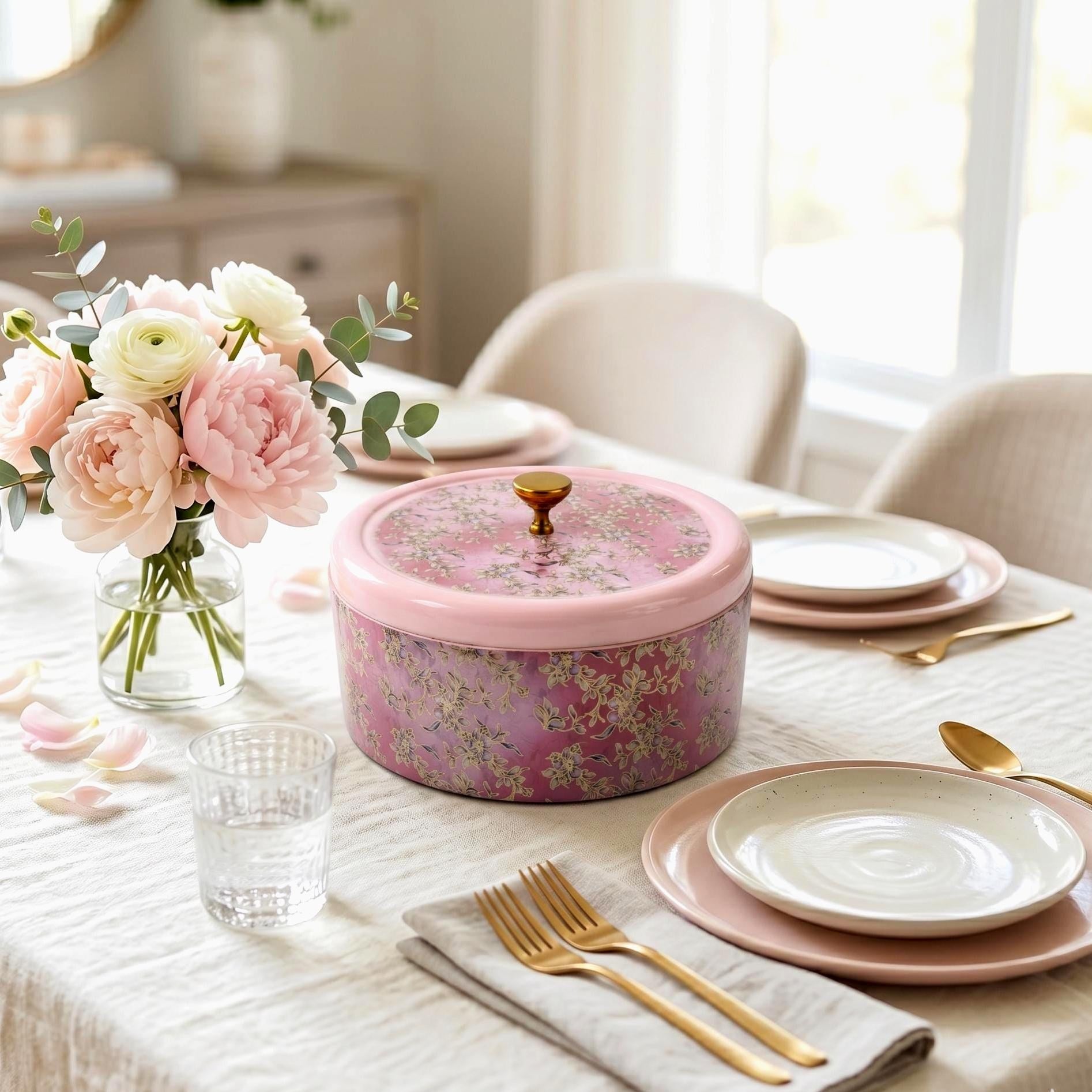 Pink Floral Brass Inlay Roti Box - view 1