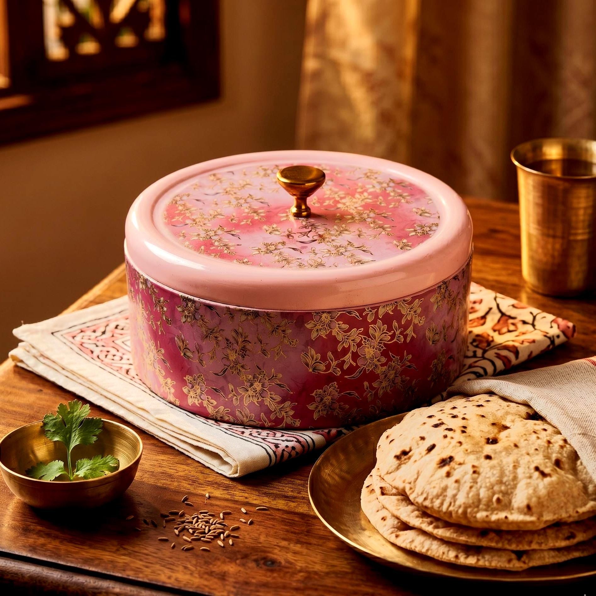Pink Floral Brass Inlay Roti Box - view 2