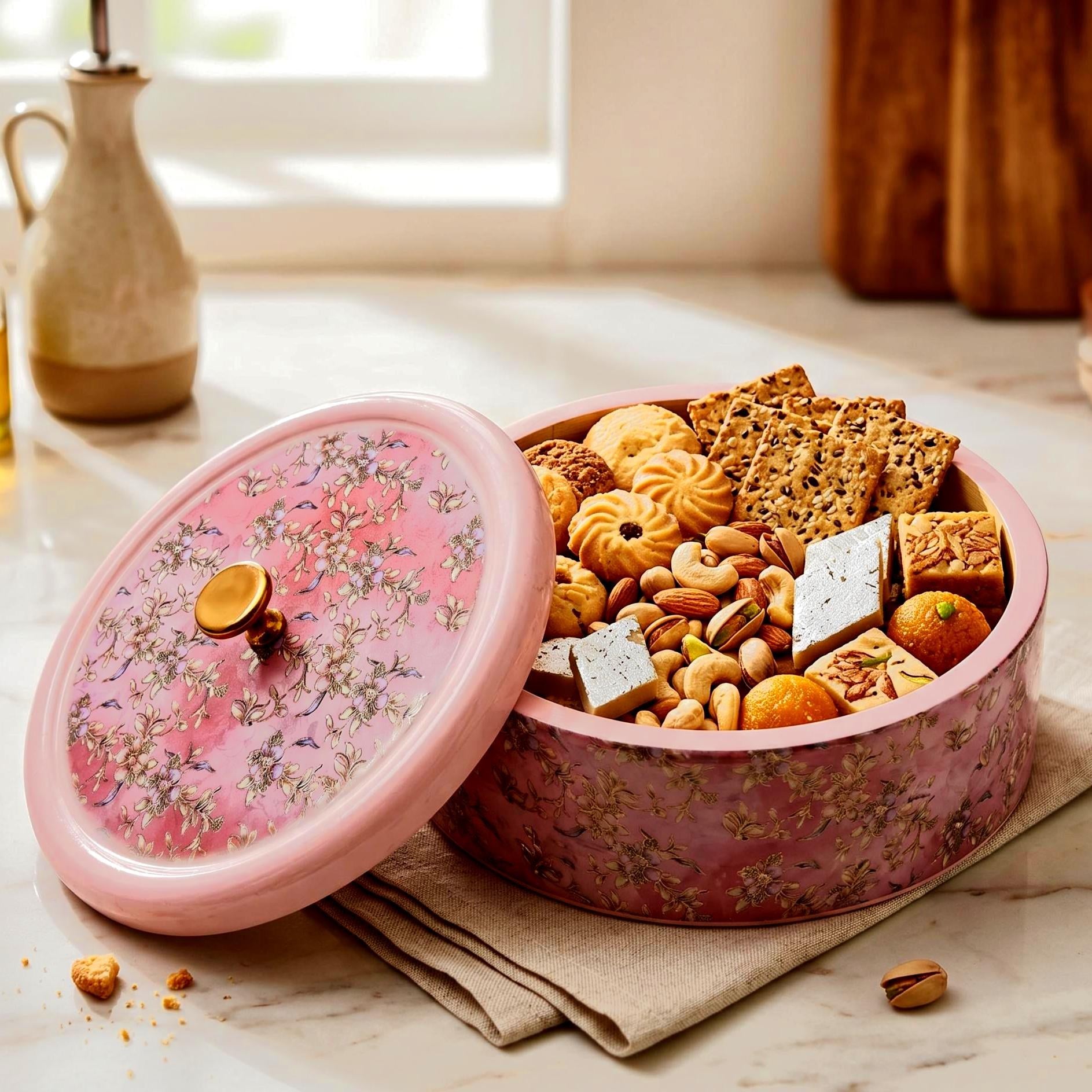 Pink Floral Brass Inlay Roti Box - view 3
