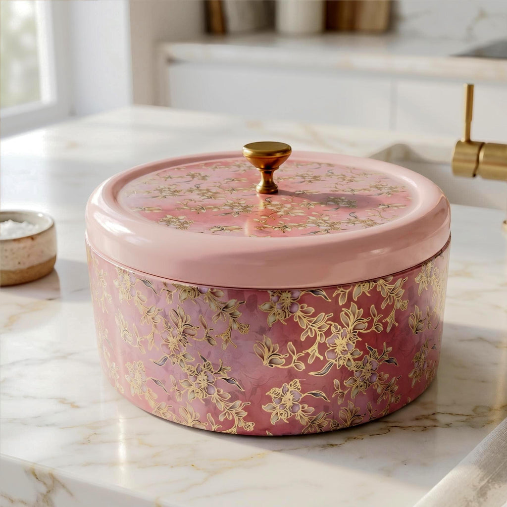 Pink Floral Brass Inlay Roti Box - view 4
